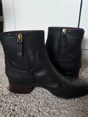 Franco Sarto Jessica Black Leather Ankle Booties with Gold Zip Pull